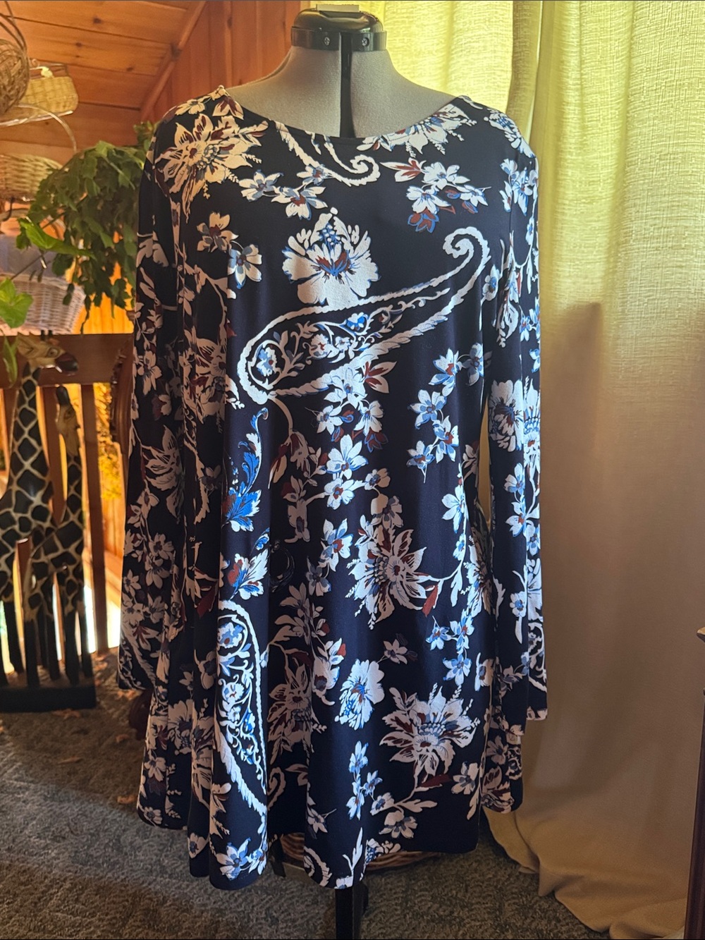 Floral A-Line Long Sleeve Top- Navy/White floral with side pockets